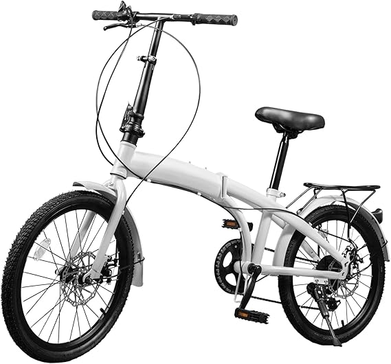 Foldable Bicycle with 7 Speed Gears, 20 Inch Tires White Folding Bike Folding City Bicycle Mountain Bike, Carbon Steel Frame Disc Brake Front and Rear Fenders, for Traveling Exercising Commuting