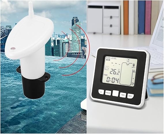 Liquid Level Sensor Ultrasonic Wireless Water Tank Liquid Depth Level Meter Sensor with Temperature Display Time Alarm Tank Empty Alert Water Height Detector