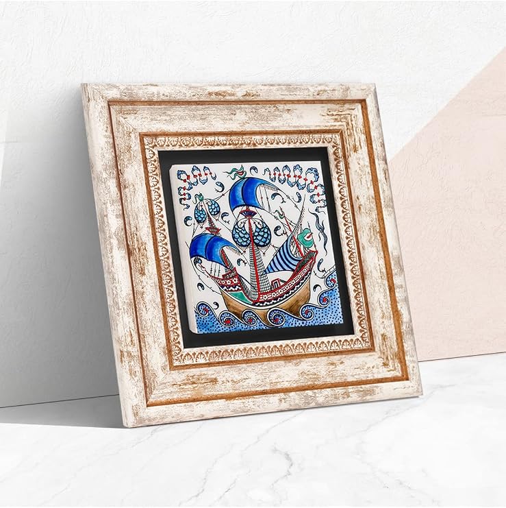 Pinecone Stone Çini Sanatı Yelkenli Gemi Taş Duvar Tablosu - Çerçeveli Taş Tablo - Dekoratif Duvar Sanatı - Modern Ev ve Ofis Duvar Dekoru T1-183