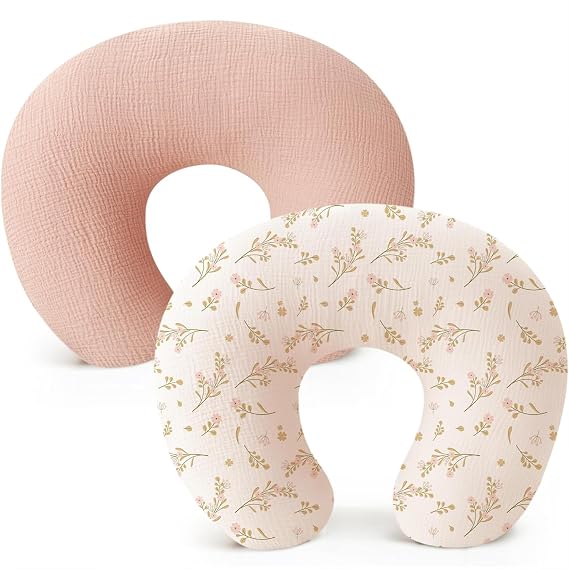 Konssy 2-Pack Muslin Nursing Pillow Covers, Floral Soft Slipcover for Baby