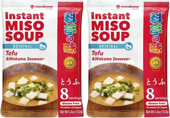 Marukome Instant Ryoutei-No-Aji Miso Soup Original 152g 8 servings with Chunks, Made in Japan, Gluten-Free, No MSG (Pack 2, Tofu & Wakame seaweed)