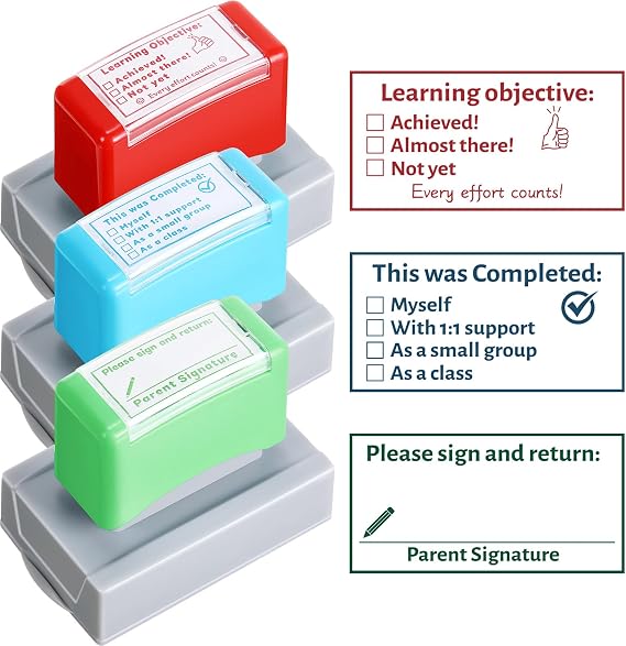 XunYee 3 Pcs Teacher Stamps for Classroom Self Inking Checkbox Grading Stamps Include Completed, Learning Objective, Please Sign & Return for Back to School Homework Dormitory Supplies Teacher Gifts