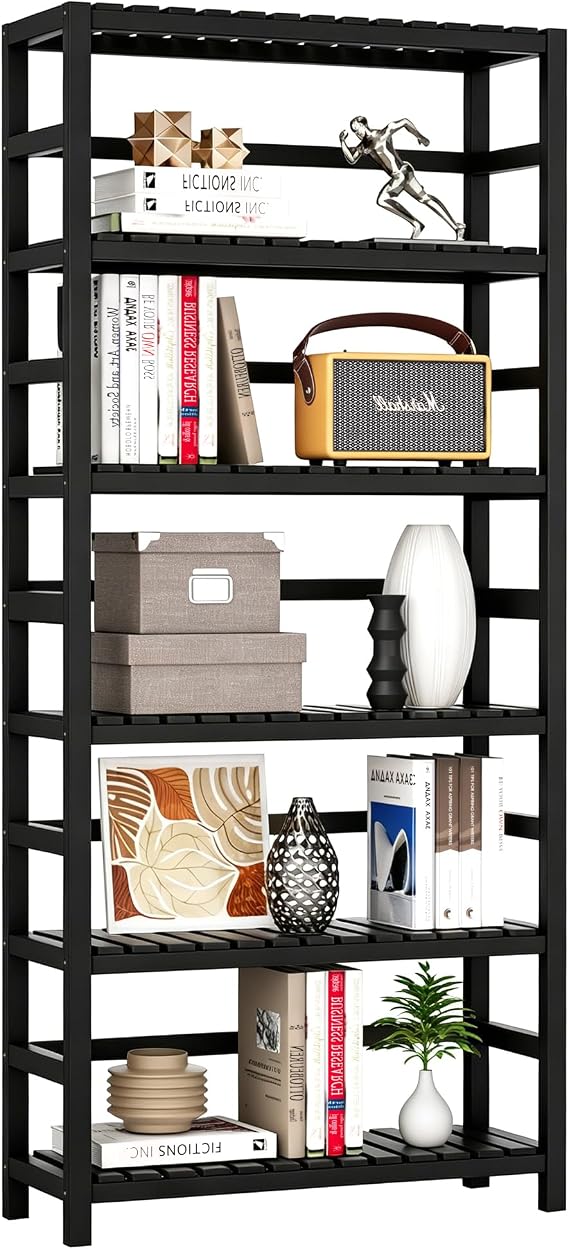 VASMIA 6-Tier Bamboo Shelf,Bamboo Storage Shelving Unit,Tall Bookcase with Adjustable Shelves,Multipurpose Storage Display Shelf for Bathroom, Living Room, Balcony, Kitchen,Black