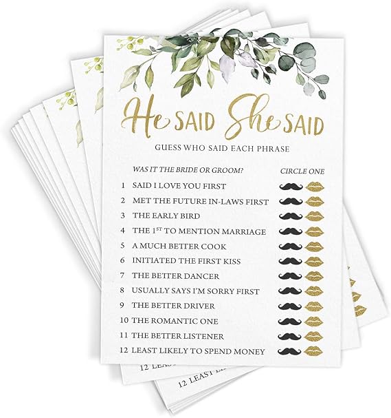 Printed Party Bridal Shower Games He Said She Said Game with Fun Bride and Groom Trivia, Wedding Shower Activity, Botanical Eucalyptus Theme, 50 Guests