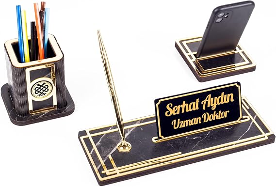 Ofistike Space Doktora Özel Kalemlikli Ahşap Masa Seti Mermer Desenli Hediye Ofis Dekoratif Masa üstü İsimlik