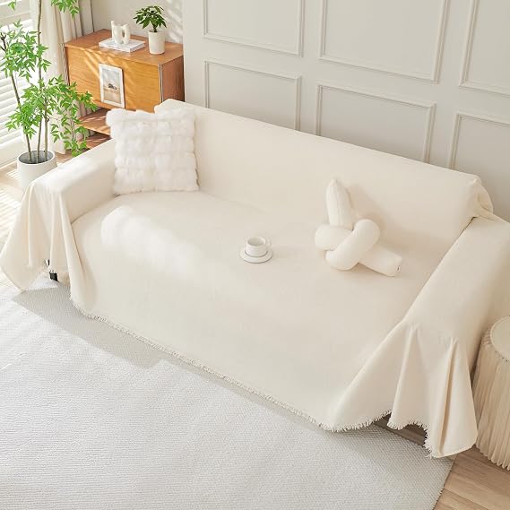 Royhom Chenille Sofa Covers 3 Seater, Corner Sofa Cover L Shape, Washable Couch Cover with Tassel, Soft Couch Covers for Dogs, Breathable, All-season Universal (Beige, 180x340cm)