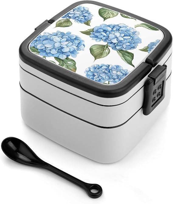 Blue Hydrangea Pattern Bento Box, 2 Compartments Meal-Prep Containers, Stackable Lunch Box with Lids, Reusable Divided Food Storage Containers for Travel, And Work