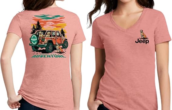 Jeep Wrangler Dogs Logo Built for Adventure Ladies V Neck T-Shirt | Cotton Polyblend Made in USA Tshirt