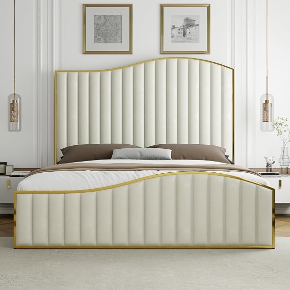 HOWE Queen Size Harp Bed Frame with 61.4" Extra Tall Curved Headboard, Velvet Upholstered Platform Bed with Gold Trim Accented Footboard, No Box Spring Needed, Wooden Slat Support, Cream