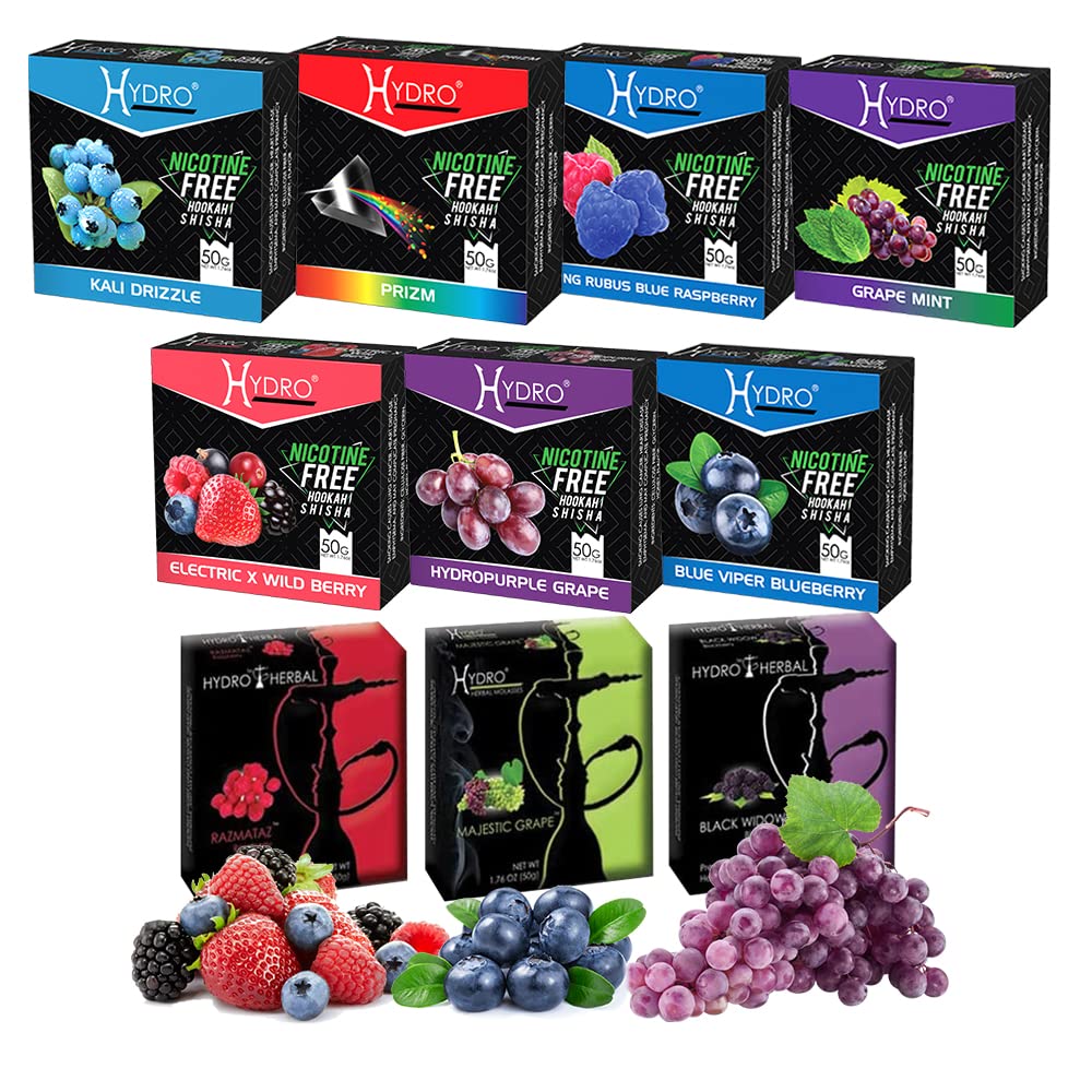 Hydro Hookah Flavors, Fruit Mix Hookah Shisha in Prism, Kali Drizzle, Qing Rubus, Grape Mint & Majestic, Razmataz, Electric X, Hydropurple, Blue Viper, Black Widow Mix Set, 50-Gram Packs Pack of 10