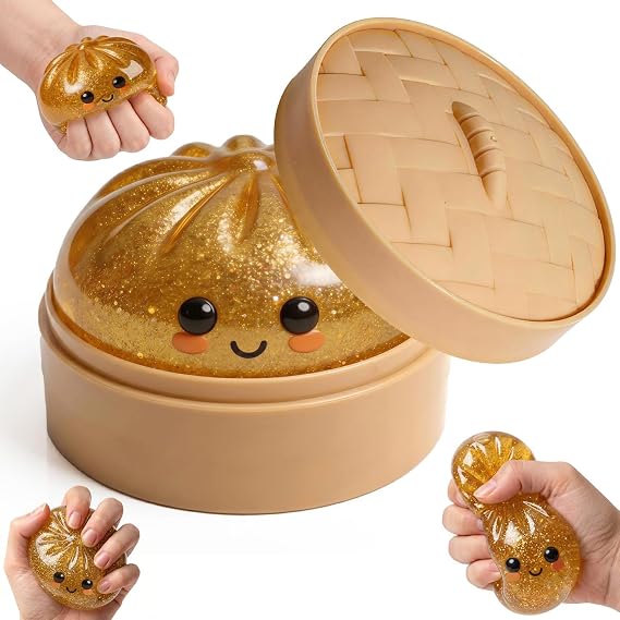 Dumpling Squishy Mystery Box, Mini Glitter Squeeze Ball with Slow-Rising Bounce, Solid TPR Fidget Pal for Daily Calm, Quiet Travel Buddy for Work Study Home, Sweet Treat Gift(1PCS-Gold)