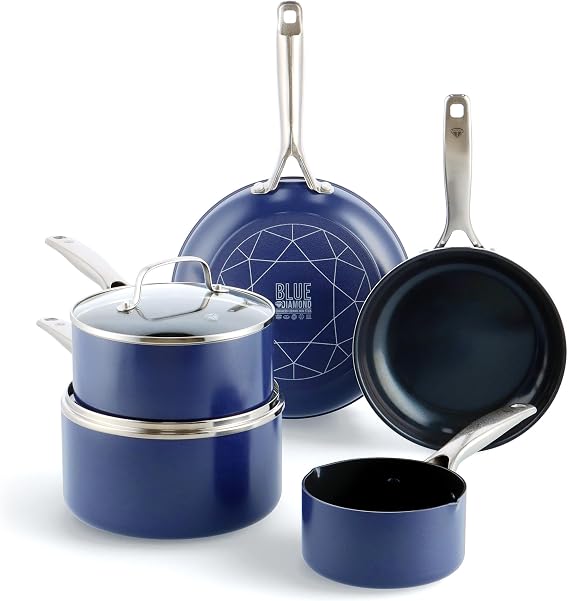 Blue Diamond Cookware Diamond Infused Ceramic Nonstick, 7 Piece Cookware Pots and Pans Set, PFAS-Free, Dishwasher Safe, Oven Safe