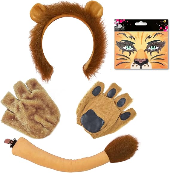4 Pieces Lion Costume Accessories for Kids Adults,Ears Headband Gloves Tail Face-painting Kit,Animal Fancy Dress for Cosplay Birthday Stage Performance Halloween Carnival