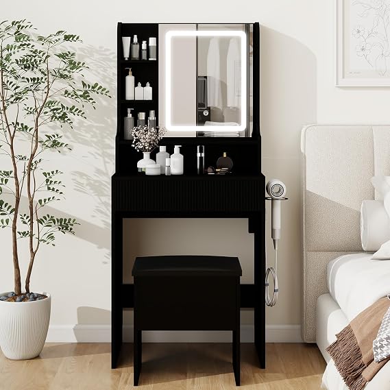 YOURLITE 24" Fluted Makeup Vanity Desk with LED Mirror and Stool