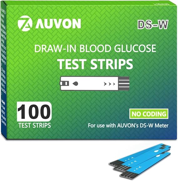 AUVON Blood Glucose Test Strips, 100 Count, Value Pack, Accurate Readings | Blood Glucose Test Strips Only Compatible with AUVON DS-W Diabetes Sugar Testing Meter, Work Effectively with Small Drops