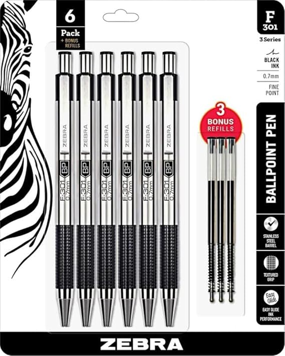 Zebra Pen F-301 Retractable Ballpoint Pen, Stainless Steel Barrel, Fine Point 0.7mm, Non-Slip Grip, Pack of 6 +3 Refills