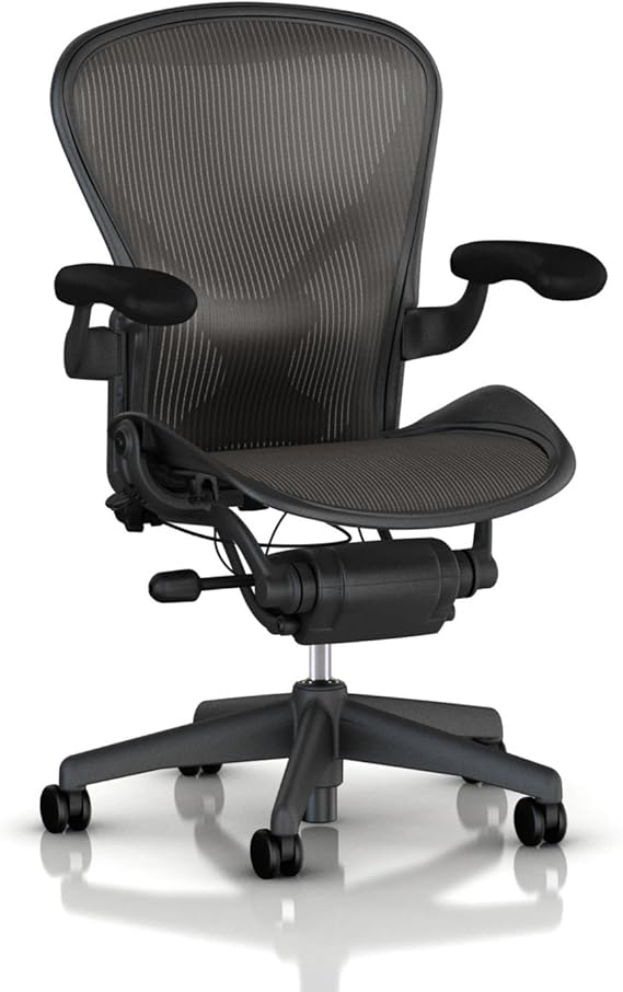 Herman Miller Aeron Chair Highly Adjustable with PostureFit Lumbar Support and Black Leather Arms - Medium Size (B) Graphite Dark Frame, Classic Dark Carbon Pellicle Mesh Home Office Desk Task Chair