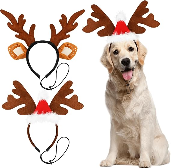 QKURT 2 PCS Dog Elk Reindeer Antler Headband with Santa Hat, Pet Christmas Reindeer Antlers Headband with Adjustable Elastic Band, Xmas Elk Headwear Pet Costumes Accessories for Medium Large Dogs
