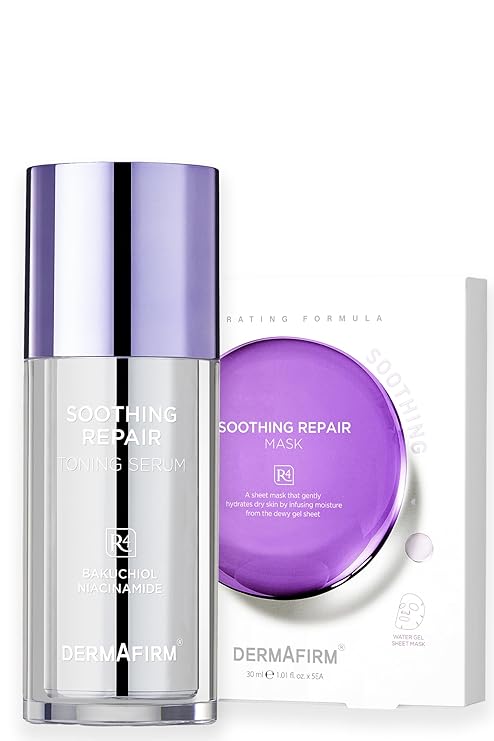 DERMAFIRM Soothing Repair Moisturizing Hydration Serum (1.01 oz) & Repair Face Mask Sheets R4 (5EA, 1oz) Face Serum w/Niacinamide & Peptide | Korean Facial Mask with Eucalyptus, Peptide and Collagen