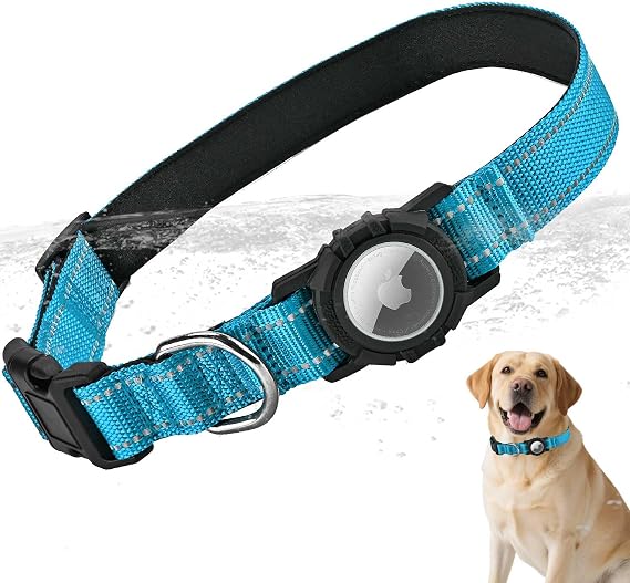 Airtag Dog Collar with Waterproof Air Tag Holder, Integrated Reflective Pet Collar with Soft Padding, Adjustable Nylon Collar for Small Medium Large Dogs, Blue,M (14.5"-19.7")