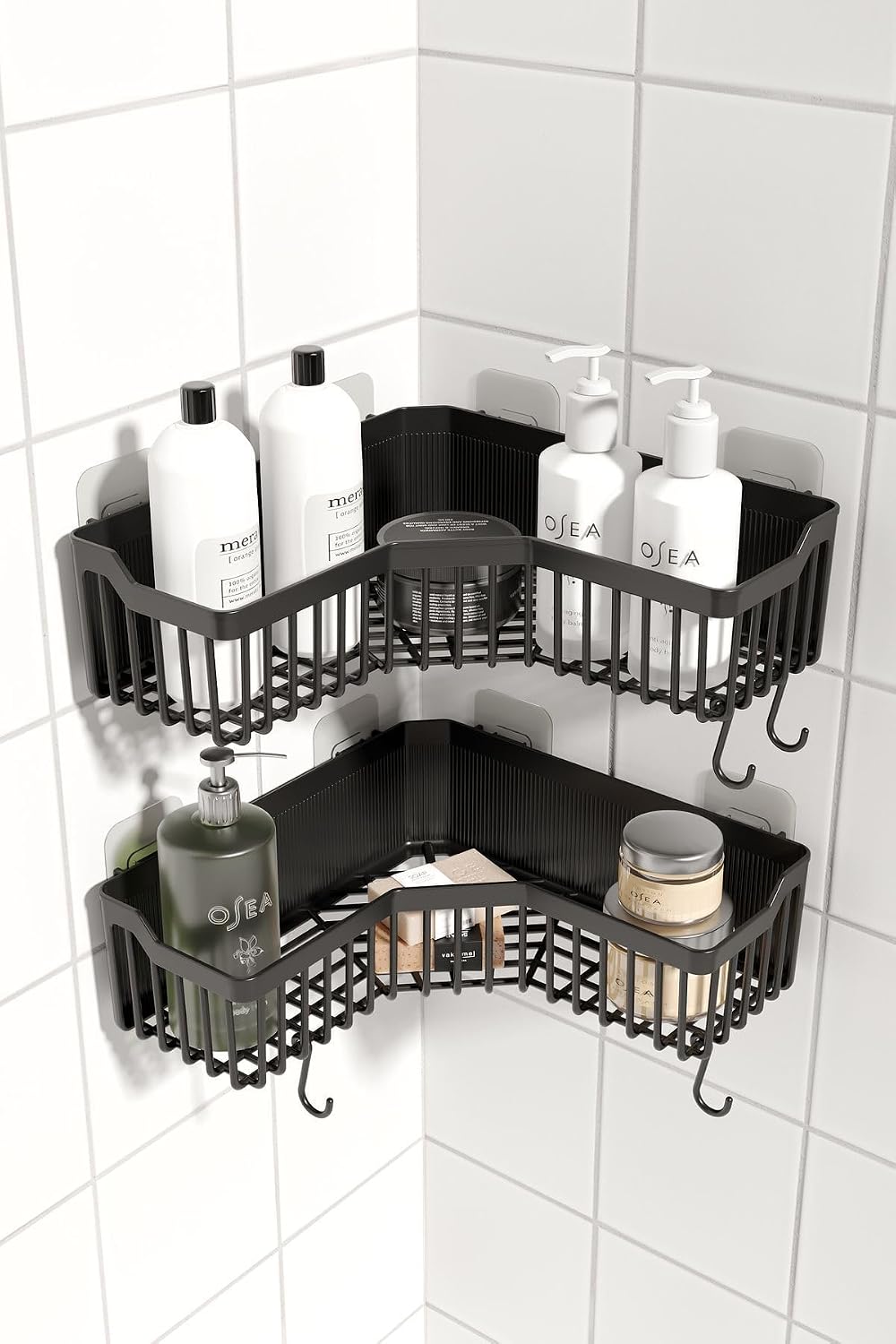 ATA HOME Banyor Corner Adhesive Bathroom Shelf, 2-Piece Bathroom Organizer, Shower Shelf Organizer Shampoo Holder, Plastic