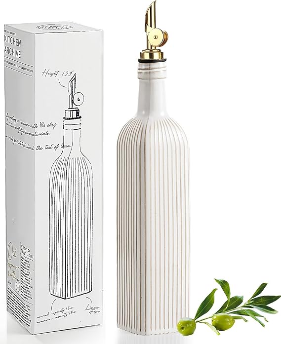 getstar 18 oz Olive Oil Dispenser Bottle for Kitchen, Ceramic Oil Bottle with Automatic Stainless Steel Pourer (Golden Pourer, Vintage White)