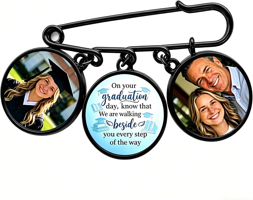 Custom Photo Memorial Pin Brooch with Angel Charm, Silver, Oval Filigree Frame, Keepsake Gift