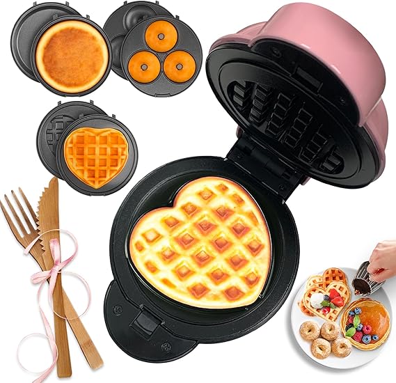 Mini Waffle Maker with 6 Removable Plates,Small Heart Waffle Maker Keto,3-in-1 Multi-plate set,Wafflera Iron for Kids Family&Individuals