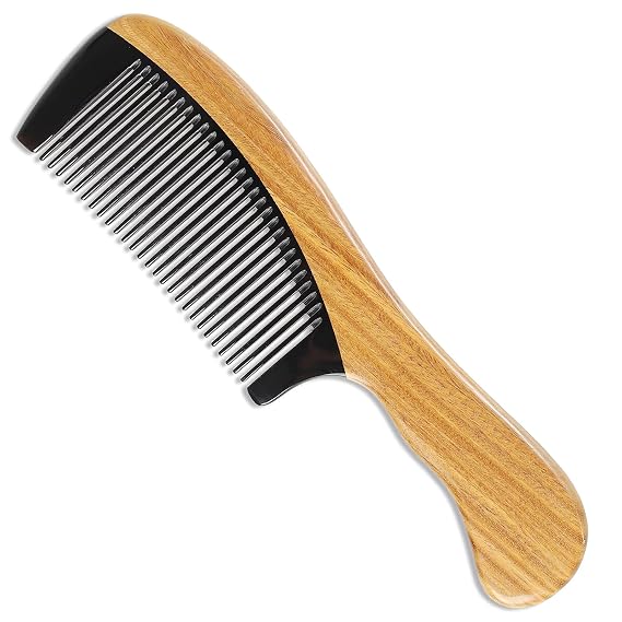Onedor Natural Green Sandalwood Hair Comb - 100% Handmade Wooden Comb with Buffalo Horn, Fine Tooth, Anti-Static, Relieves Tension, Prevents Tangled Hair and Split Ends - Unisex, 7 x 3 x 2 inches
