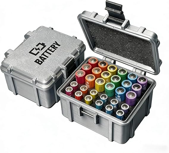 Battery Storage Case for 18 AA and 12 AAA Battery, 3D Printing PETG Waterproof Hard Case Batteries Caddy Organizer Holder, Alkaline Batteries Storage Holder for Household Outdoor, Mechanical Style