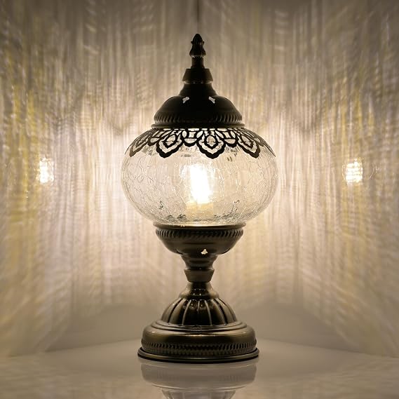 GOGERS Turkish Moroccan Table Lamp Lantern with Handmade Mosaic Glass Lampshade Tiffany Style Bohemian Stained Glass Decorative Desk Lamps Bedside Night Lights for Bedroom (White 1)