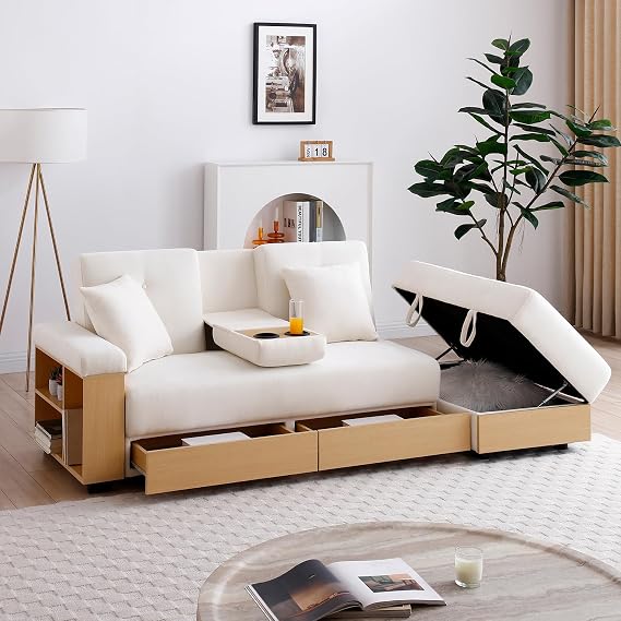 Convertible Living Room Sofa Couch with Storage Ottoman,Multifunctional Double Folding Sleeper Sofa Bed with 2 Drawer and Cup Holders for Living Room, Apartment, Office (Beige)