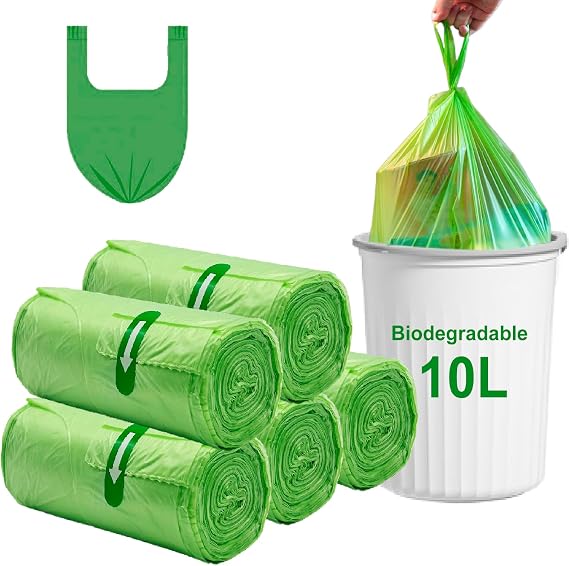 10L Biodegradable Bin Liners 100PCS Small Food Waste Bags Tie Handle, Green | Rwoyurr Compostable Caddy Bag, Recycling Degradable, Thick, No Leakage, for Kitchen Office Bathroom Trash Rubbish Pedal Bin