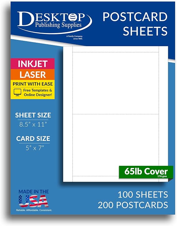 Blank White Postcards 5" x 7" 65lb Cover Perforated - 200 Cards
