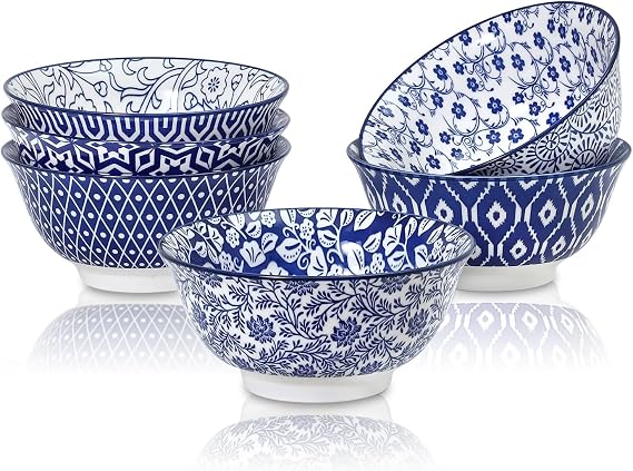 Selamica 7 inches Porcelain Cereal Bowl Set - Set of 6, Soup Bowls, Ceramic bowls for Cereal, Soup, Salad and Pasta, Vintage Blue