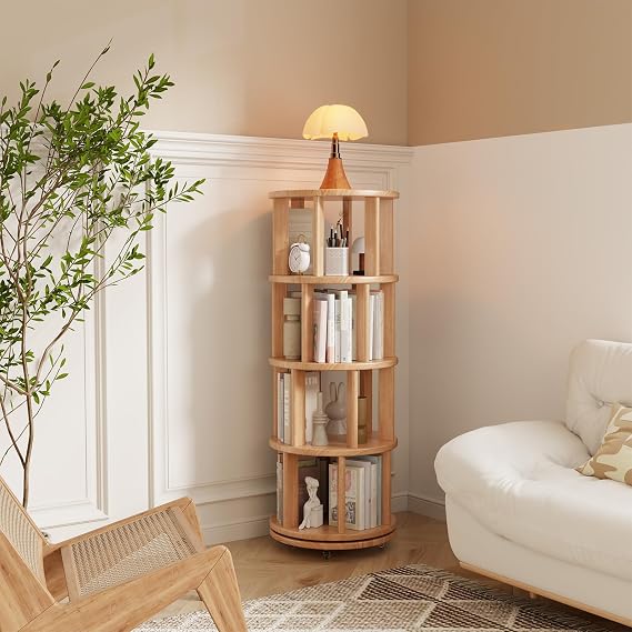 Mobile Rotating Bookshelf with Wheels - Solid Wood 360 Rotating Bookcase 4 Tier Revolving Bookshelf Spinning Bookcase Tower Corner Shelf for Small Space