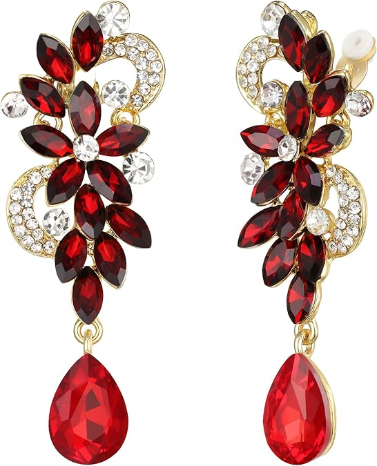 BriLove Women's Bohemian Boho Crystal Flower Wedding Bridal Chandelier Teardrop Bling Clip-On Dangle Earrings
