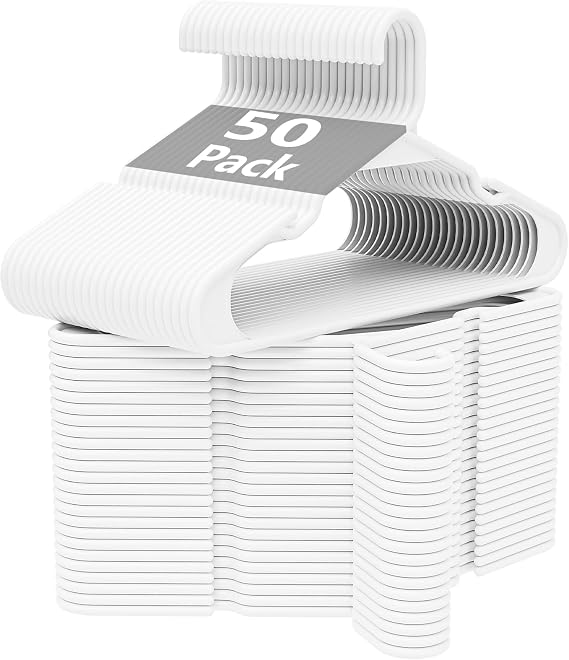 White Plastic Hangers 50 Pack with Non-Slip Shoulder Grooves