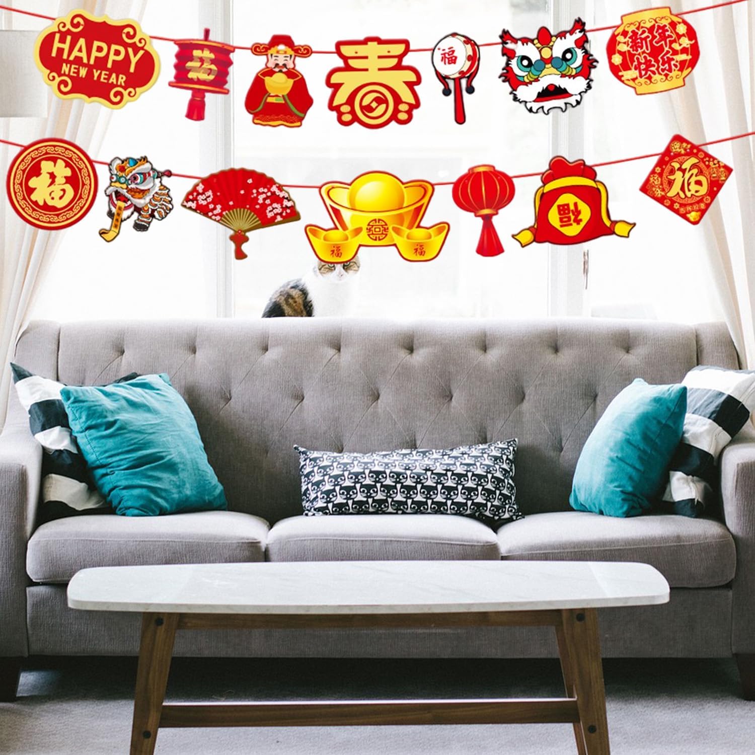 Happy Chinese New Year Hanging Banners, 2025 Asian Spring Festival Cardstock Hanging Signs, Zodiac Year of the Snake Party Decorations for Oriental Lunar New Year Celebrations