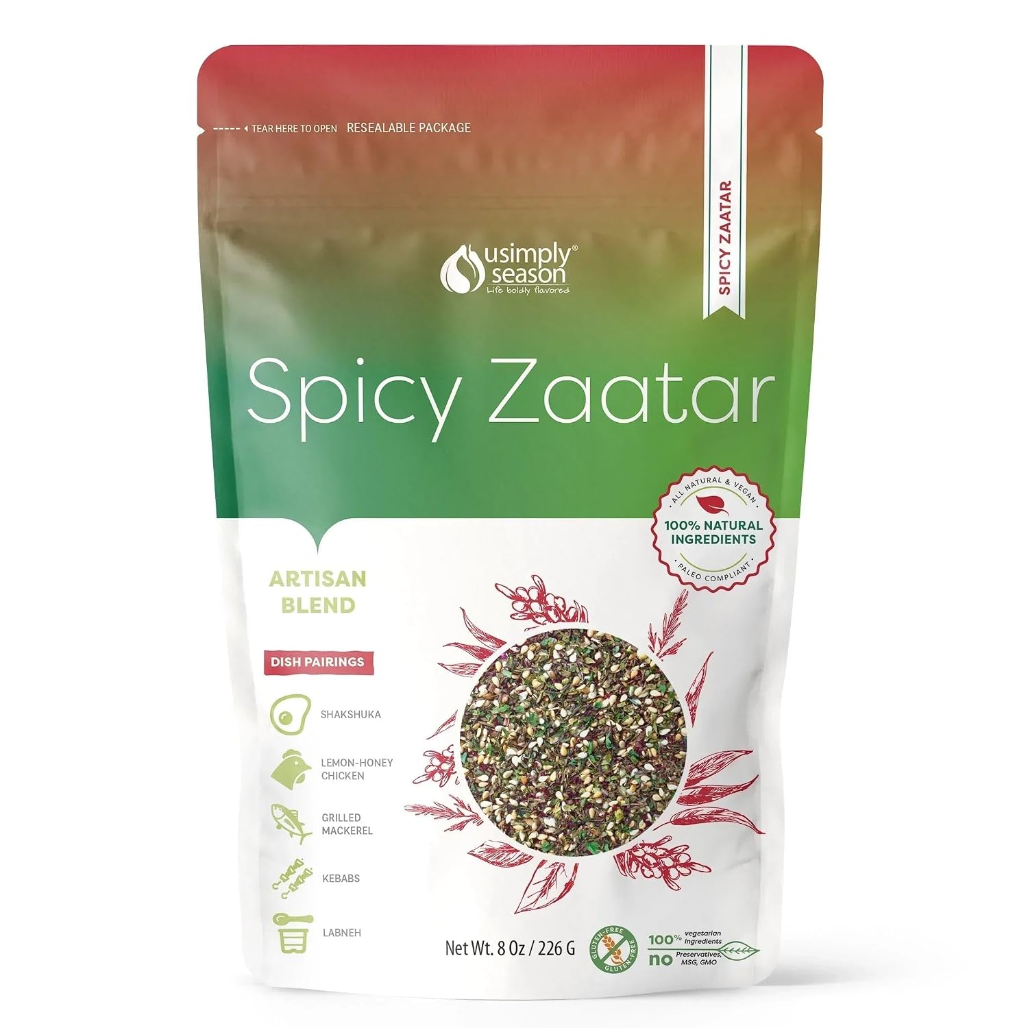 USimplySeason Spicy Zaatar Blend 8.0 oz - Fiery Middle Eastern Seasoning for Lamb, Veggies, Hummus and More - Vegan, Non-GMO, Made in USA