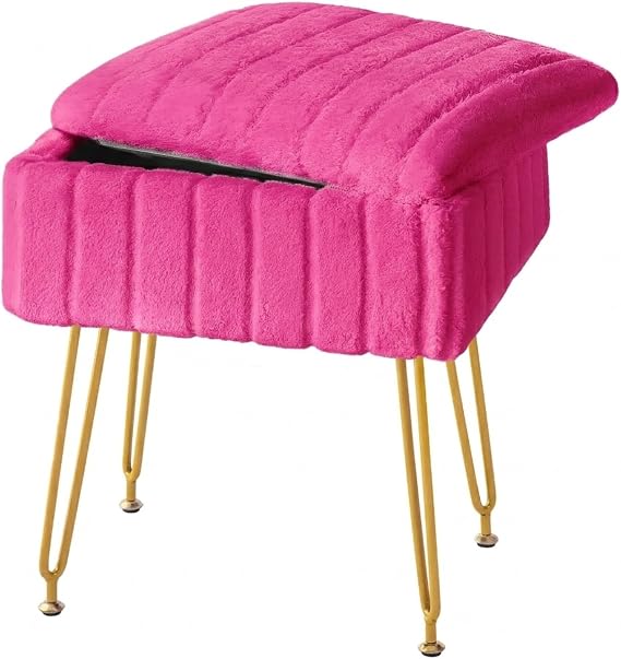 FUXA Vanity Stool Chair with Storage, Faux Fur Makeup Chair with 4 Metal Legs and Anti-Slip Feet, Soft Padded Seat, Small Footrest Footstool Ottoman, Multifunctional Stool for Bedroom, Rose