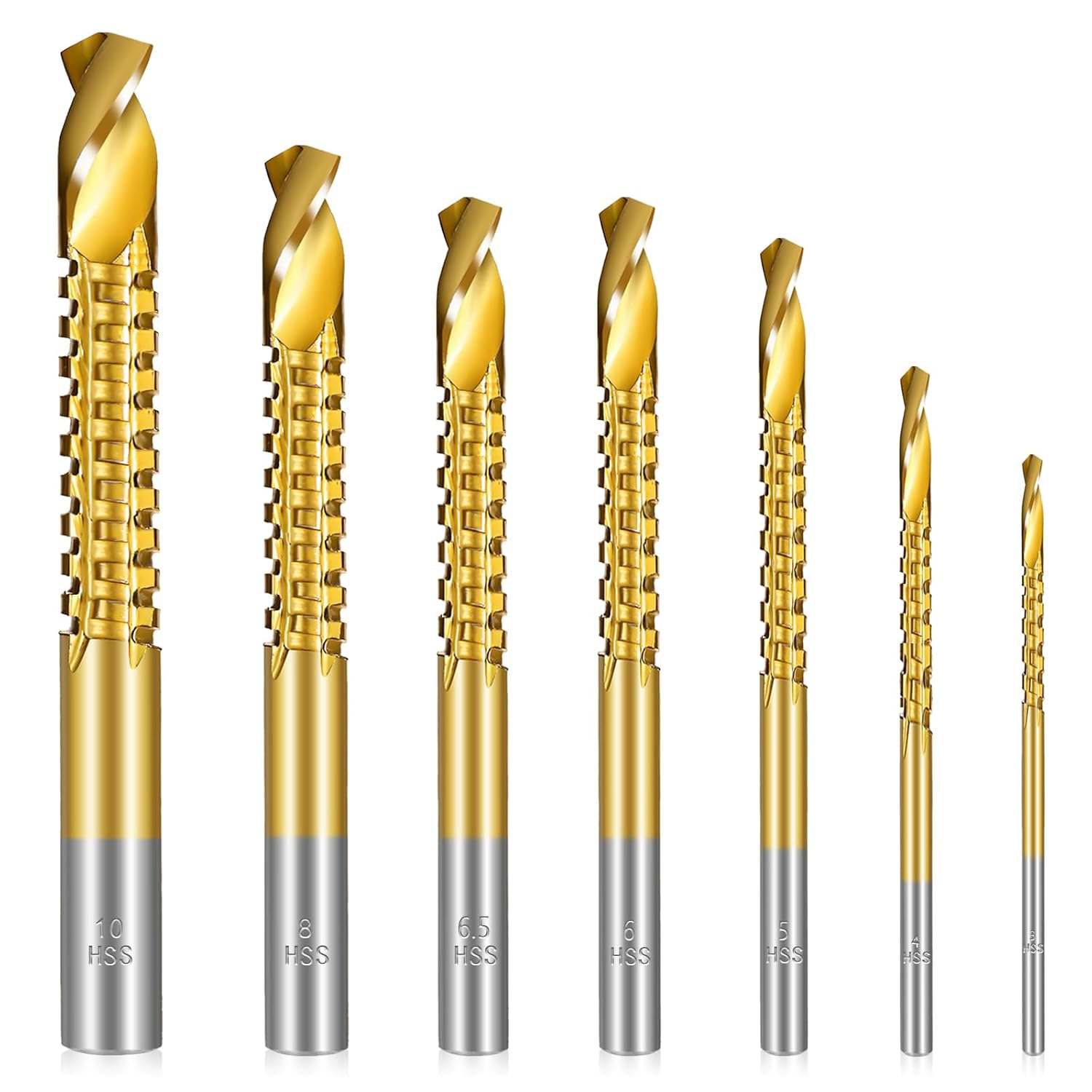 MOZEAT LENS Titanium Coated HSS Twist Drill Bits, 3-10mm Serrated Grooving Cutting Carpenter Side Cutting Tap Spiral Saw Drill Bit Woodworking Wood for Wood Metal Plastic Hole7Pcs, Gold