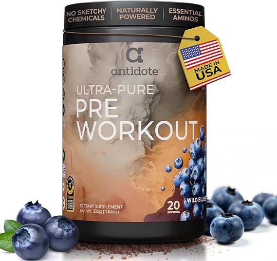 Antidote Clean Pre-Workout Powder - Natural Energy & Focus Booster with Beetroot, Creatine & Beta-Alanine - No Artificial Additives - Vegan, Keto-Friendly Supplement - Wild Blueberry - 20 Servings