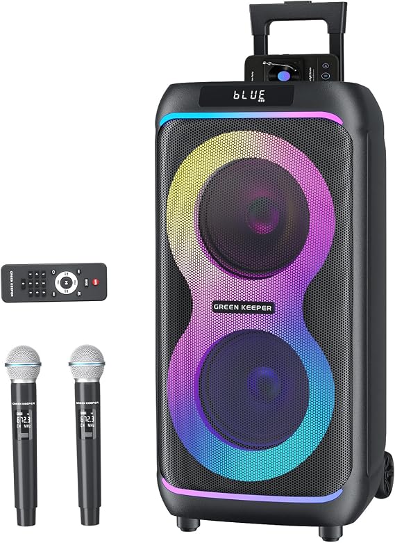 GKDT81 Karaoke Machine with 2 Microphones for Adults, 80W Rated Power, Dual 8" Woofers, Portable Bluetooth Party Speaker with Wheels & Pull Handle, Deep Bass, LED Lights, PA System for Outdoor Parties