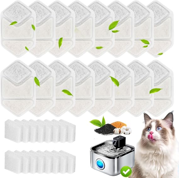 16+16 Pack Replacement Filters Compatible with Speedeer 135oz/4L cat water fountain ZTI0506, Multi-Layer Filtration System, Includes 16 Filters & 16 Sponges