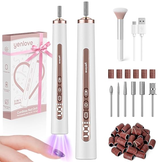 Cordless Nail Drill, 9 Speed Electric Nail File with UV Nail Lamp: Professional for Acrylic Gel Dip Powder Nails Manicure Portable Nail Filer Machine Kit for Pedicure Rechargeable Lightweight
