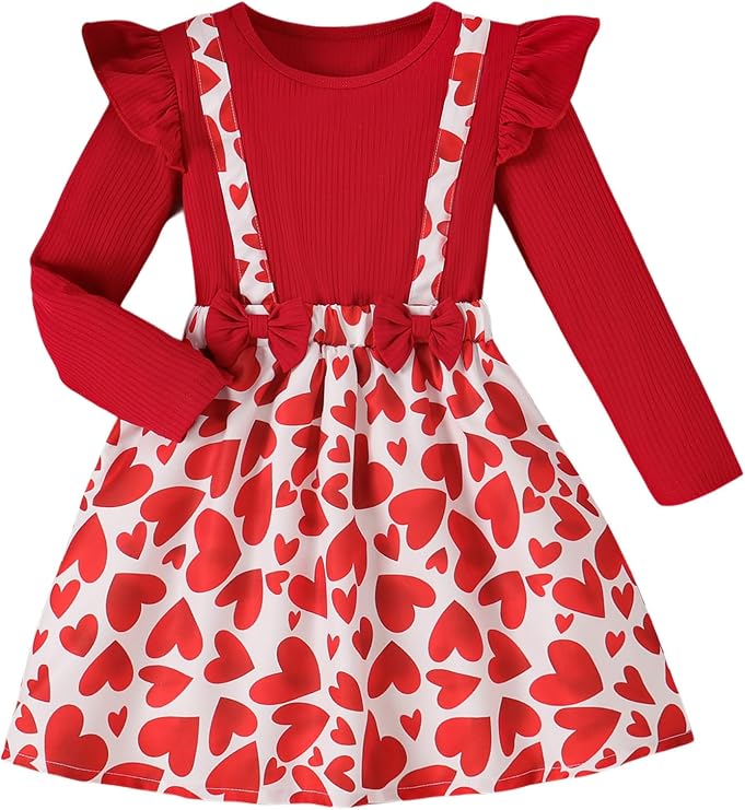 VARMILO Toddler Girls Dresses Long Sleeve A-Line Swing Heart Print Ruffle Sleeve Bowknot Party Valentine's Day Dress