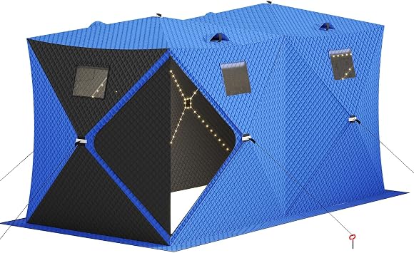 IDEALHOUSE Portable Pop Up Ice Fishing Shelter - Insulated Ice Fishing Tent, Windproof Hub Design, 2-3 Person Capacity, 25 Sq Ft Fishable Area, 49Ft LED Light Strip