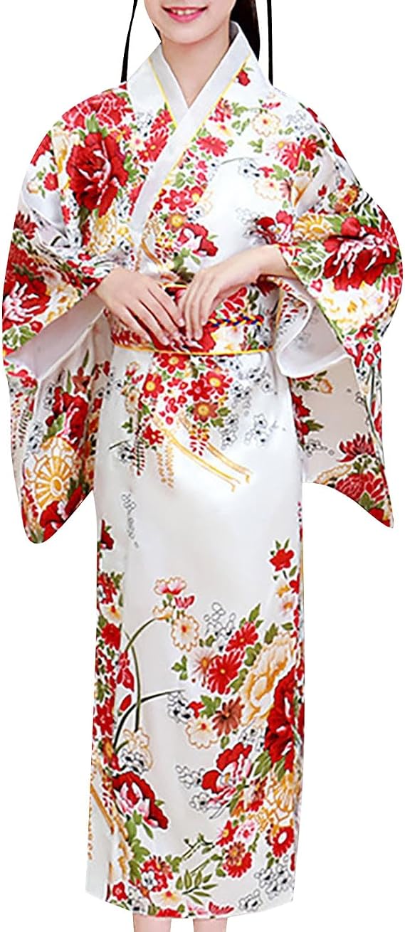 Girls Floral Print Kimono Japanese Traditional Dresses Casual Wide Sleeve Trendy Vintage Birthday Party