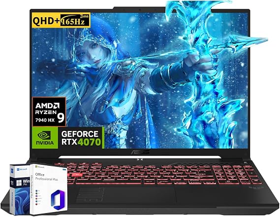 ASUS TUF Gaming A16 Laptop, AMD Ryzen 9 7940HX(Beat i9-13900H), NVIDIA RTX 4070, 16" 2560x1600 QHD+ 165Hz, 32 GB DDR5, 1 TB SSD, Windows 11 Pro, Office Pro, FA607PI-AS94